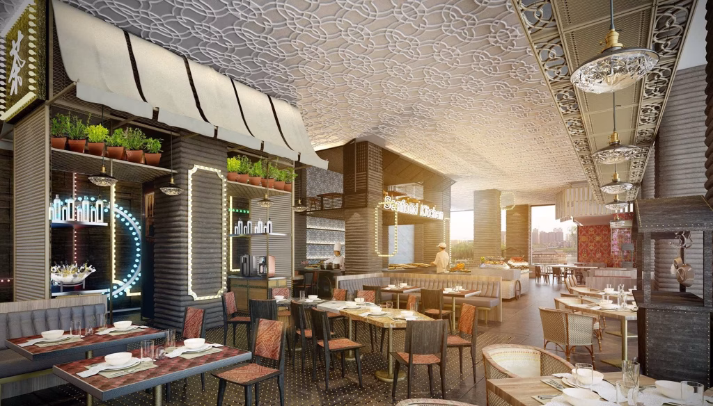 Elegant restaurant interior with a patterned ceiling, modern decor, potted plants, and set dining tables. Large windows fill the space with natural light—perfect inspiration for those seeking a sophisticated studio unit for sale.