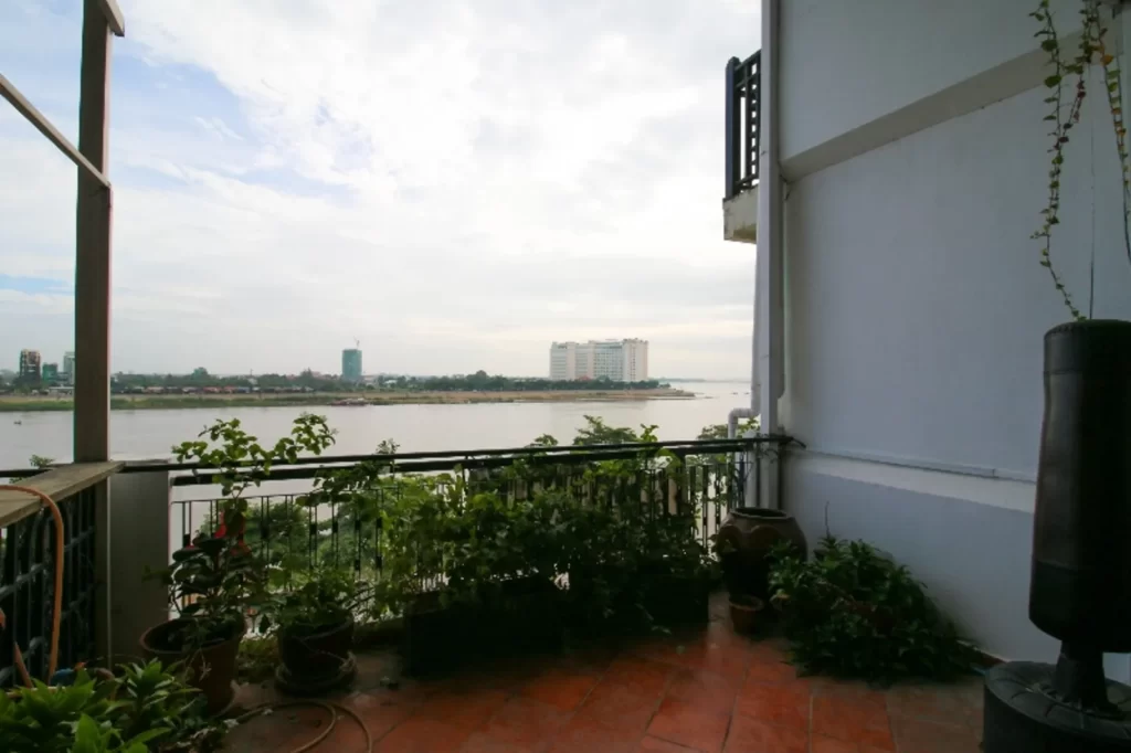 A balcony with potted plants overlooks a wide river from this riverfront apartment for sale, with buildings and a tall white structure visible on the opposite bank under a partly cloudy sky.