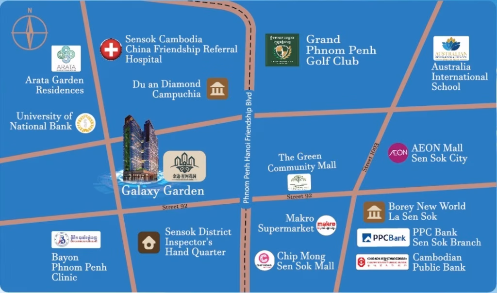 A simplified illustrated map showing landmarks around Phnom Penh Hanbol Friendship Blvd, including schools, banks, hospitals, malls, supermarkets, and Studio Unit For Sale locations. Key spots are marked with icons and labels.