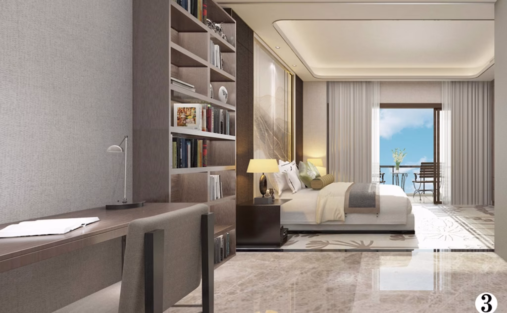 Modern bedroom at The Seagate Apartment with a desk, bookshelf, bed, and large window with white curtains opening to a balcony overlooking the sea beneath a blue sky. Features neutral tones and contemporary decor.