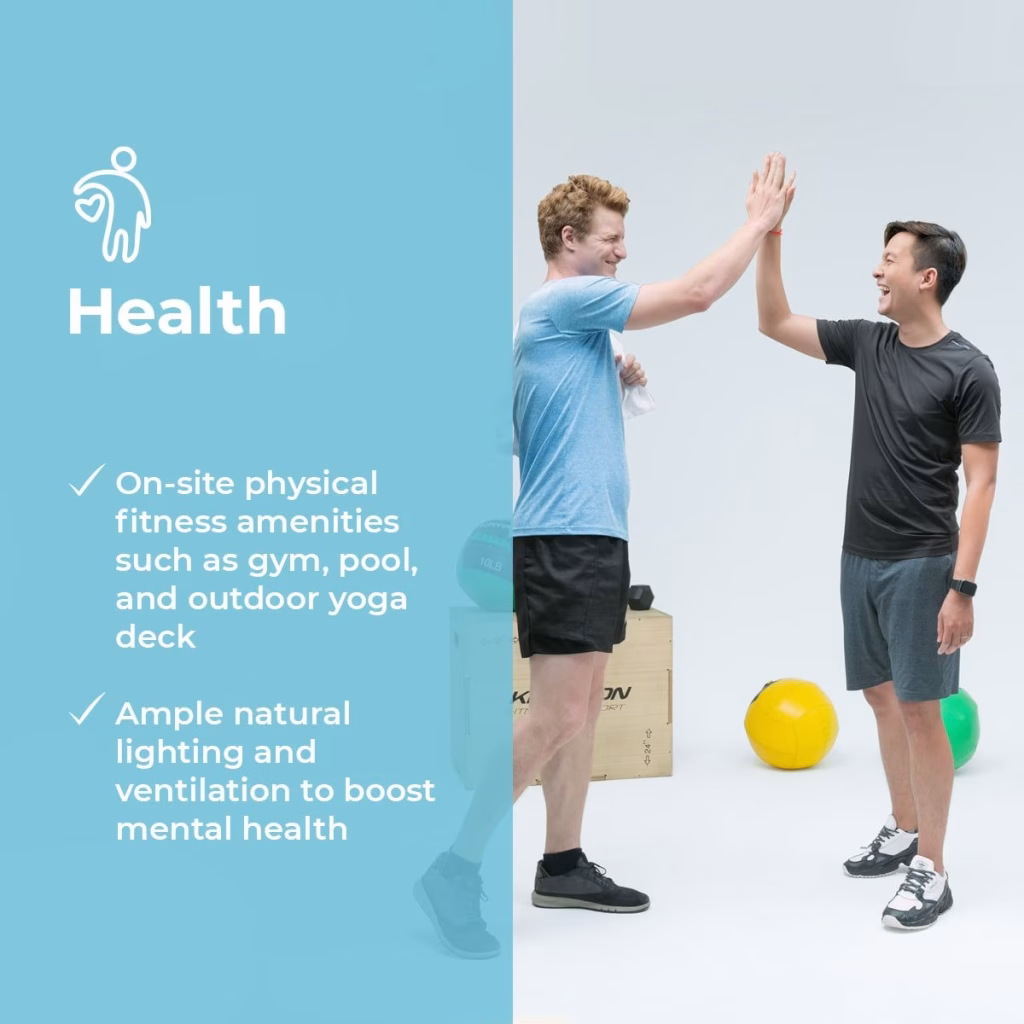 Two men in athletic wear high-five each other in a gym at Rose Apple Square, surrounded by colorful exercise balls and equipment. Text highlights on-site physical fitness amenities and natural lighting for mental health.