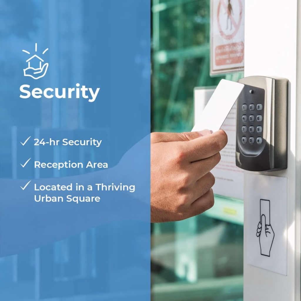 A person holds a key card to a door access reader at Rose Apple Square. Beside the image, text highlights 24-hr security, a reception area, and its prime location in a thriving urban square, with icons and a blue background emphasizing security.