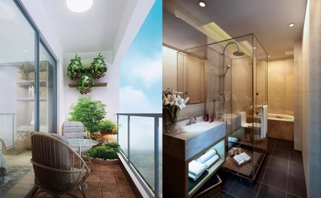 Split image: On the left, a bright balcony at The Seagate Apartment with chairs, small table, potted plants, and glass railing; on the right, a modern bathroom featuring a glass shower, double sinks, flowers, towels, and warm lighting.