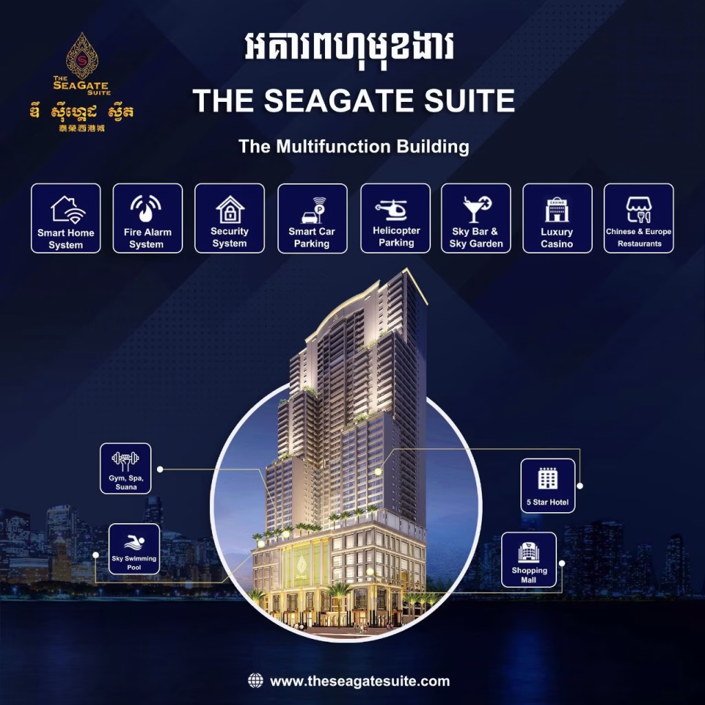 Infographic showing The Seagate Apartment Suite multifunction building with a central image of the building and icons highlighting features: smart home, security, fire alarm, smart parking, helicopter pad, sky bar, casino, restaurants, gym, hotel, and shopping mall.