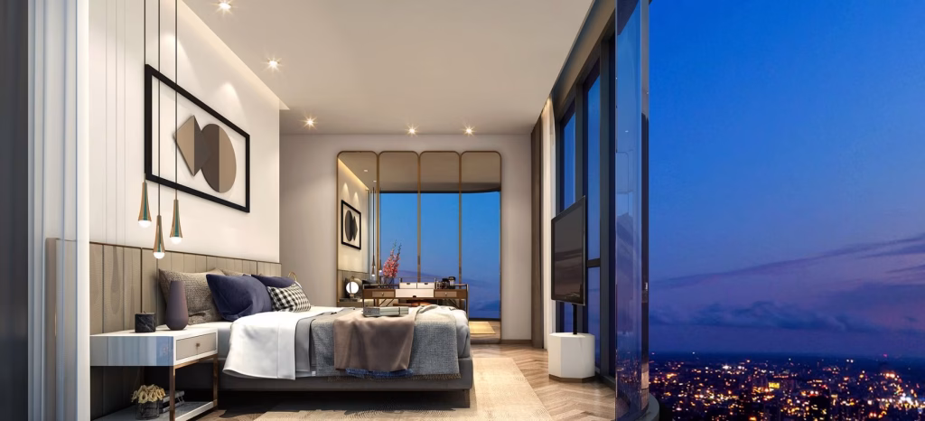 A modern riverfront luxury bedroom with a large bed, elegant decor, and floor-to-ceiling windows showing a cityscape at dusk. Warm lighting and minimalist furniture create a cozy, luxurious atmosphere.