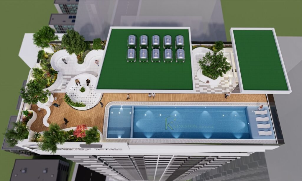 A rooftop view features a swimming pool, green lawns, lounging chairs, garden paths, seating areas, and lush landscaping atop a modern high-rise building. The design is contemporary and inviting.