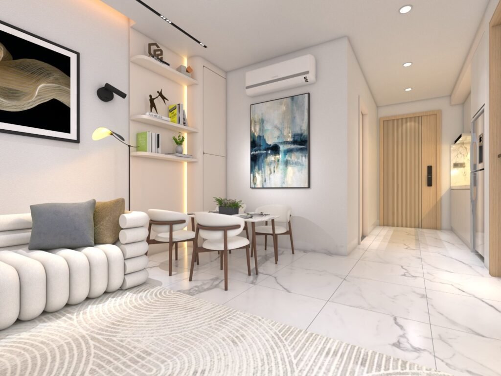 A modern, minimalist living and dining area with white walls, marble floors, a plush white sofa, round dining table with four chairs, built-in shelves, abstract wall art, and warm ambient lighting.