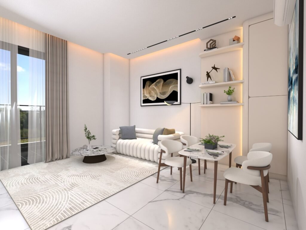 Modern living and dining area with white marble floors, a striped sofa, abstract wall art, round coffee table, shelves with decor, light wood dining table, cushioned chairs, large window, and sheer curtains.