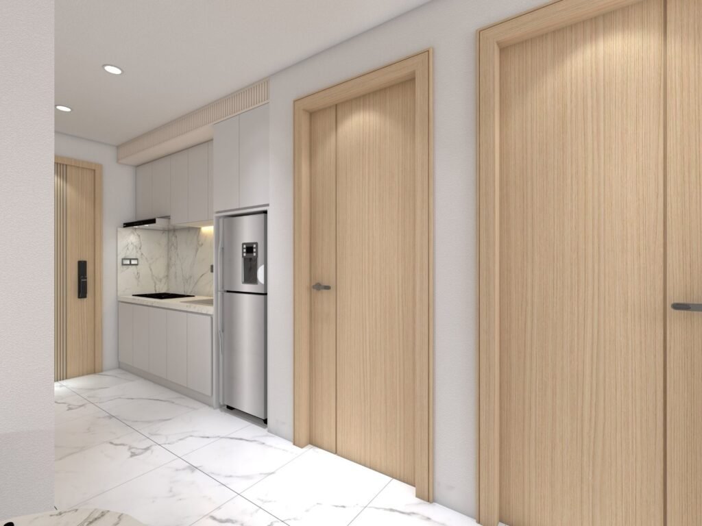 Modern kitchen with white cabinets, marble backsplash, stainless steel appliances, and light wood doors. The floor is white with gray veining, and the walls are light-colored, creating a clean and minimalist look.