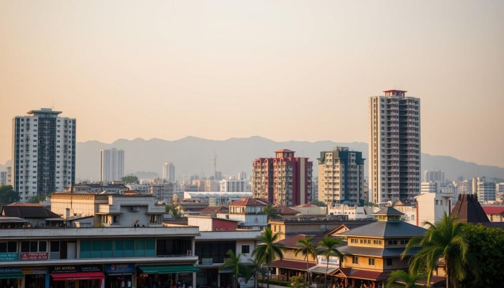 A bustling Cambodian city skyline, a mix of modern high-rises and traditional Khmer architecture. In the foreground, a lively mixed-use development with ground-floor shops, cafes, and restaurants, their colorful awnings and signage creating a vibrant atmosphere. The middle ground features a mix of residential and commercial buildings, their balconies and windows adding depth and texture. In the background, a hazy mountain range provides a scenic backdrop, bathed in warm, golden light from the setting sun. The scene conveys a sense of thriving urban life, blending old and new, with ample opportunities for investment in this rapidly evolving Cambodian landscape.
