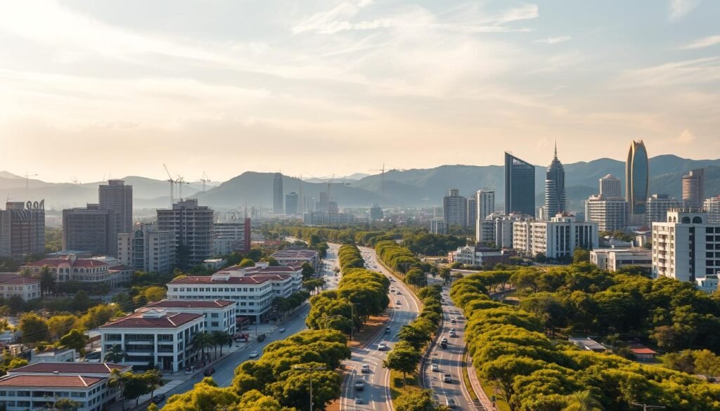 A bustling city skyline of Phnom Penh, Cambodia's vibrant capital, rises against a backdrop of lush, rolling hills. In the foreground, modern high-rise buildings and sleek, contemporary residential towers stand as symbols of the country's rapid urbanization and economic growth. Elegant, tree-lined boulevards wind through the cityscape, bustling with local traffic and pedestrians. Warm, golden sunlight filters through wispy clouds, casting a welcoming glow over the scene. In the middle ground, construction cranes dot the horizon, indicating the ongoing development of new residential and commercial projects. The overall atmosphere conveys a sense of Cambodia's emerging status as an attractive investment destination, with its burgeoning real estate market and promising economic future.