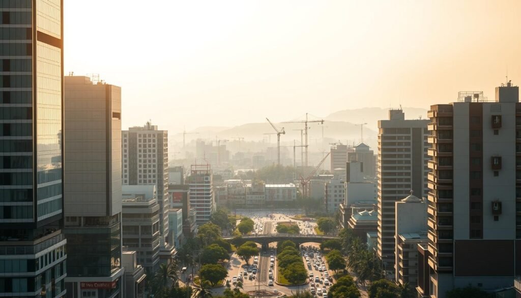 A bustling cityscape of Phnom Penh, the capital of Cambodia, unfolds in a photorealistic rendering. In the foreground, modern high-rise buildings with sleek glass facades reflect the warm glow of the sun, casting long shadows across the bustling streets below. In the middle ground, a network of cranes and construction sites signals the ongoing development of new residential and commercial properties. The background features a hazy, mountainous horizon, hinting at the lush, tropical landscape that surrounds the city. The overall scene conveys a sense of growth, progress, and the evolving nature of Cambodia's real estate market, set against the backdrop of its unique cultural and geographical context.