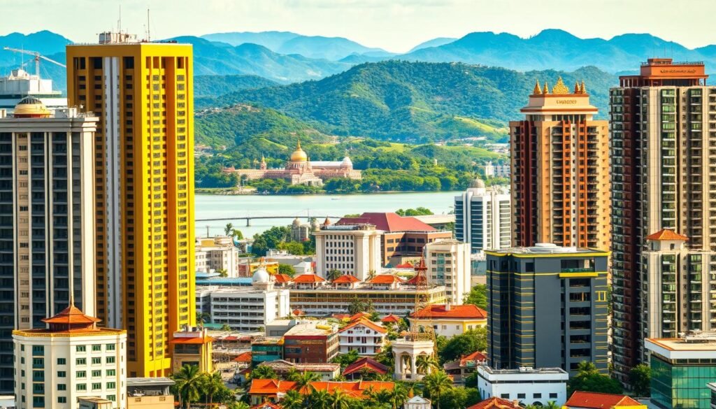 A bustling cityscape of Phnom Penh, the vibrant capital of Cambodia, showcasing the rapid growth of its real estate market. In the foreground, modern high-rise buildings and sleek condominiums stand tall, reflecting the city's embrace of urban development. The middle ground features a mix of traditional Khmer architecture and newly constructed commercial complexes, highlighting the blend of old and new. In the background, lush green hills and the glistening Mekong River provide a picturesque backdrop, conveying the unique natural beauty that attracts investors to this Southeast Asian nation. The scene is bathed in warm, golden lighting, creating a sense of prosperity and optimism about the future of Cambodia's real estate landscape.