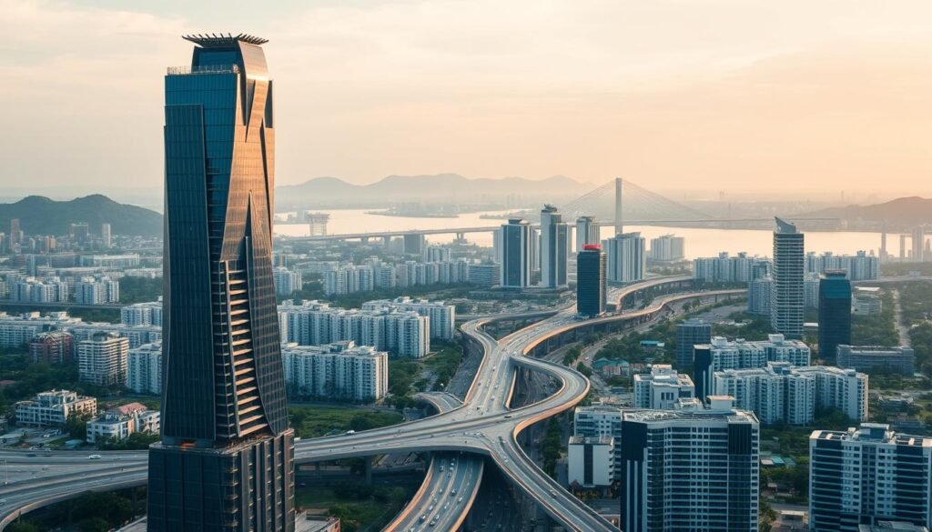 A futuristic cityscape of Phnom Penh, Cambodia in 2025. In the foreground, a gleaming high-rise with a mix of residential and commercial spaces. Surrounding it, a network of modern highways and bridges, bustling with autonomous vehicles. In the middle ground, rows of sleek, energy-efficient condominiums and apartment buildings. The background features a panoramic view of the Mekong River, with lush green hills in the distance. Soft, warm lighting illuminates the scene, creating a sense of prosperity and modernity. The image conveys the rapid development and growth of Cambodia's real estate market, catering to the needs of a growing urban population and an influx of foreign investment.