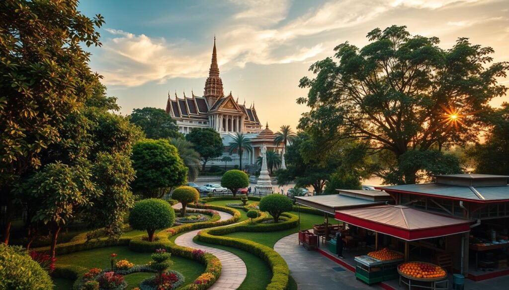 A grand Khmer-style palace stands tall, its ornate rooftops and gilded spires piercing the azure sky. Lush, verdant foliage surrounds the majestic structure, creating a serene, tropical ambiance. In the foreground, a well-manicured garden featuring vibrant flowers and meandering pathways invites exploration. The mid-ground showcases a bustling local market, with vendors selling an array of exotic fruits and handicrafts. In the distance, the iconic Mekong River glistens, its waters reflecting the warm, golden hues of the setting sun. This image conveys the legal complexities and unique opportunities associated with leasehold property ownership in the enchanting kingdom of Cambodia.