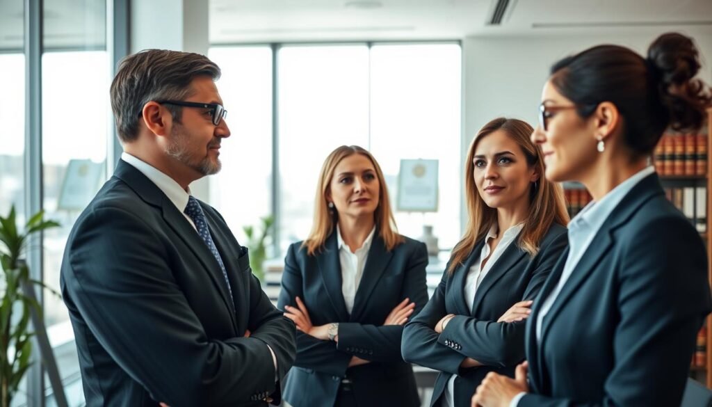 A group of professional local legal experts dressed in formal attire, standing in a modern, well-lit law office. The foreground features three lawyers, a man and two women, engaged in a discussion, their faces conveying seriousness and expertise. The middle ground showcases a sleek, minimalist office space with floor-to-ceiling windows, allowing natural light to flood the scene. In the background, glimpses of legal books, certificates, and other accoutrements of a successful legal practice are visible, creating an atmosphere of authority and trustworthiness. The overall mood is one of competence, professionalism, and the reliable guidance one would expect from seasoned local legal professionals.