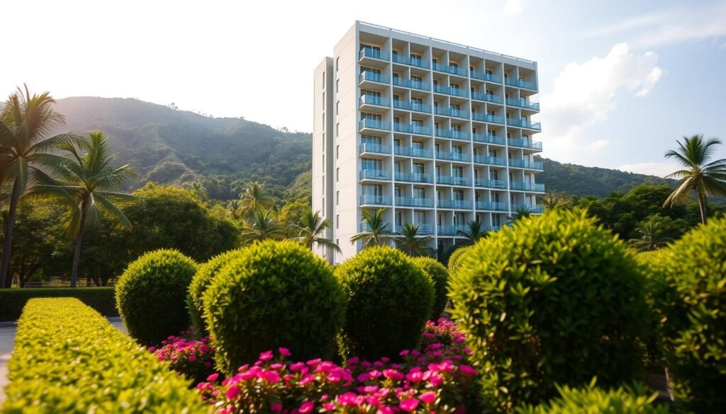 A high-rise apartment building with a modern, minimalist design stands tall against a backdrop of lush greenery and a bright, tropical sky. The building's exterior features clean lines, angular balconies, and large windows that offer panoramic views of the surrounding landscape. In the foreground, a well-manicured garden with neatly trimmed hedges and vibrant flowers creates a serene and inviting atmosphere. The lighting is soft and warm, casting a gentle glow over the scene. The camera angle is slightly elevated, capturing the building's sleek and sophisticated aesthetic while also showcasing the natural beauty of the Cambodian landscape.