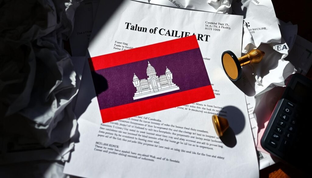 A legal document with the Cambodian flag prominently displayed, surrounded by crumpled papers, a stamp, and a calculator. The lighting is harsh, casting shadows that convey a sense of bureaucratic chaos. The angle is slightly tilted, giving the impression of disorganization and confusion. The overall mood is one of frustration and uncertainty, capturing the challenges foreigners face when navigating the complexities of Cambodian property legal documentation.