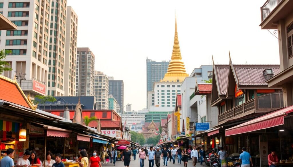 A lively mixed-use district in the heart of Phnom Penh, Cambodia. In the foreground, bustling street markets and food stalls, with colorful local vendors and pedestrians. In the middle ground, a blend of modern high-rise buildings and traditional Khmer architecture, seamlessly integrated. The background features a towering pagoda, its gilded spires glinting in the warm, diffused sunlight. The scene exudes a vibrant, cosmopolitan atmosphere, showcasing the country's rich cultural heritage and its rapid urban development. Captured with a wide-angle lens to convey a sense of energy and dynamism.