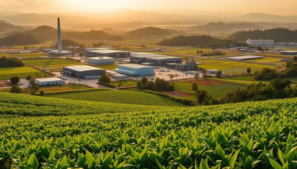 A lush, verdant landscape dotted with sprawling agricultural plots and industrial facilities, bathed in warm, golden sunlight. In the foreground, rows of thriving crops sway gently in the breeze, hinting at the fertile potential of the land. In the middle ground, modern factories and warehouses stand as symbols of the region's economic development, their sleek, angular architecture contrasting with the natural surroundings. In the distance, rolling hills and mountains form a picturesque backdrop, suggesting the vastness of Cambodia's untapped resources. The scene conveys a sense of balance between nature and industry, showcasing the lucrative opportunities available through economic land concessions in this dynamic and rapidly evolving country.