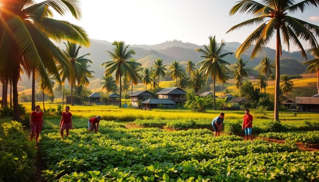 A lush, verdant landscape in rural Cambodia, featuring a thriving community garden surrounded by towering palm trees and rolling hills in the distance. The scene is bathed in warm, golden sunlight, casting a serene and inviting atmosphere. In the foreground, a group of local residents tend to their crops, their faces filled with a sense of pride and contentment. The middle ground showcases neatly organized garden beds overflowing with a vibrant array of vegetables and herbs. In the background, a cluster of traditional Khmer-style houses nestled among swaying palm fronds, indicating a harmonious integration of the community with the natural environment. The overall composition conveys a deep respect for sustainability, environmental stewardship, and the well-being of the local population.