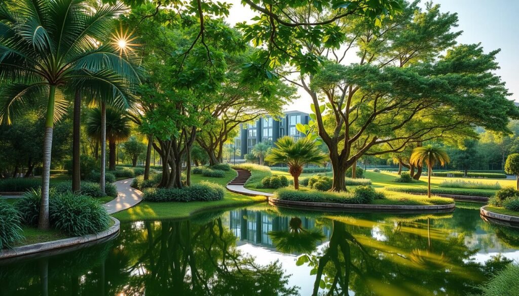 A lush, verdant landscape unfolds, showcasing the vibrant green spaces that have become the new standard for Cambodian developers. In the foreground, a tranquil pond reflects the surrounding foliage, its still waters mirroring the towering palm trees and flourishing shrubbery. Meandering pathways wind through the scene, inviting pedestrians to explore this oasis of calm amidst the bustling urban environment. In the middle ground, stylish modern buildings peek out from behind the verdant canopy, their sleek glass and steel facades seamlessly integrated with the natural elements. Sunlight filters through the leaves, casting a warm, golden glow over the entire scene and creating a serene, inviting atmosphere. In the background, the horizon is dotted with more lush greenery, suggesting a larger network of interconnected parks and gardens that have become the new focus for Cambodian developers, prioritizing community-centered design and environmental sustainability.