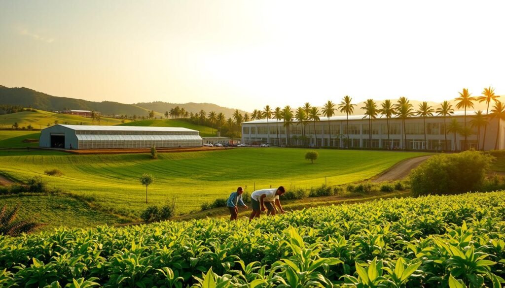 A lush, verdant landscape with rolling hills and fertile farmland, bathed in warm, golden sunlight. In the foreground, a group of local farmers tending to their crops, their hands calloused from years of hard work. In the middle ground, a modern agricultural processing facility, its sleek, glass-paneled exterior gleaming in the afternoon light. In the background, a line of towering palm trees sway gently in the breeze, hinting at the tropical climate. The scene conveys a sense of harmony between traditional farming practices and sustainable, industrial-scale agriculture, all set against the backdrop of Cambodia's picturesque countryside.
