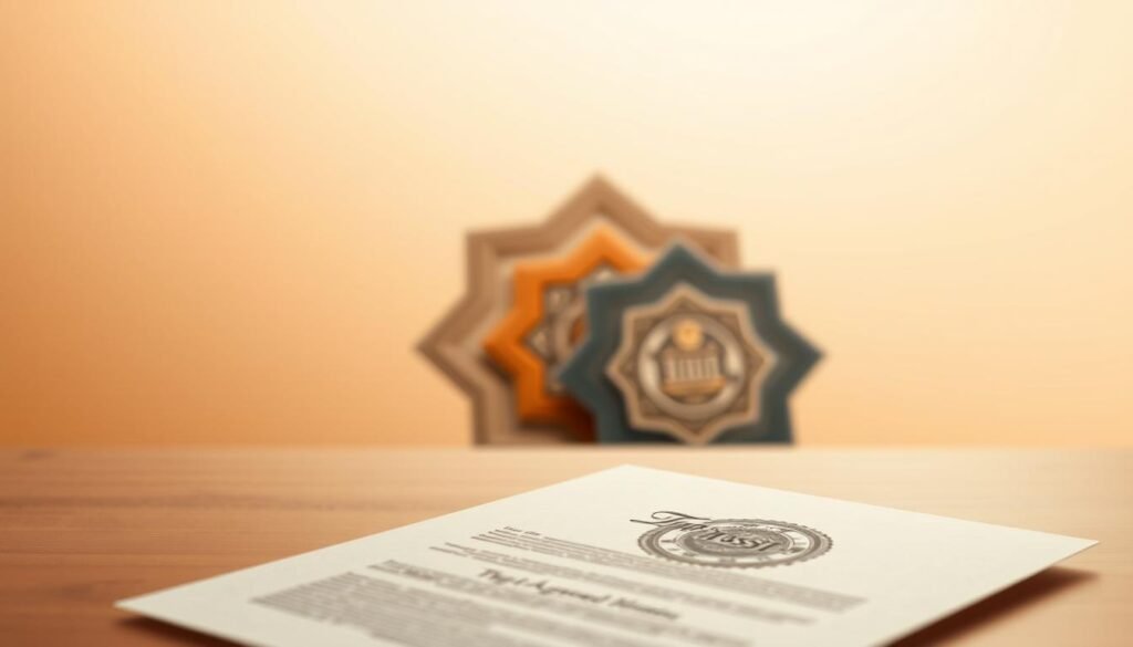 A meticulously designed trust arrangement with a warm, muted color palette. In the foreground, a stylized illustration of a legal document, its elegant script and intricate seal denoting the solemnity of the arrangement. In the middle ground, a collection of nested shapes and geometric patterns, suggesting the intertwined layers of ownership and control. The background subtly shifts between soft shades of gray and ochre, evoking a sense of stability and security. The entire scene is bathed in a soft, directional light, lending an air of professionalism and trustworthiness to the overall composition.