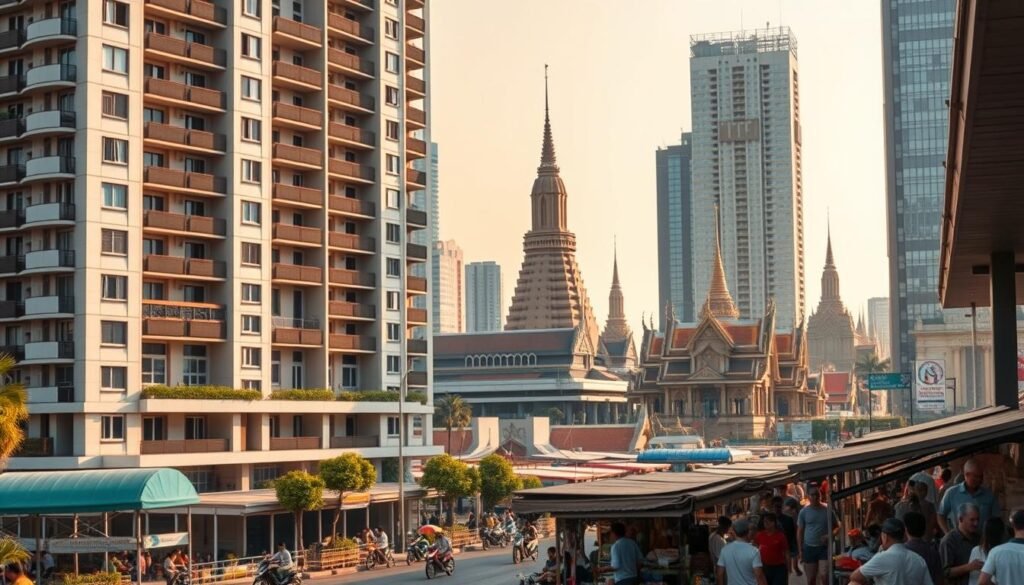 A modern cityscape of Phnom Penh, Cambodia, with towering skyscrapers and bustling street life. In the foreground, a residential apartment building stands prominently, its balconies and windows suggesting active rental activity. The midground features a lively market scene, with vendors and shoppers engaged in animated transactions. In the background, the iconic Khmer architecture of ancient temples and palaces can be seen, providing a timeless contrast to the contemporary development. The scene is bathed in warm, golden sunlight, creating a welcoming and prosperous atmosphere that captures the essence of Cambodia's thriving rental market.