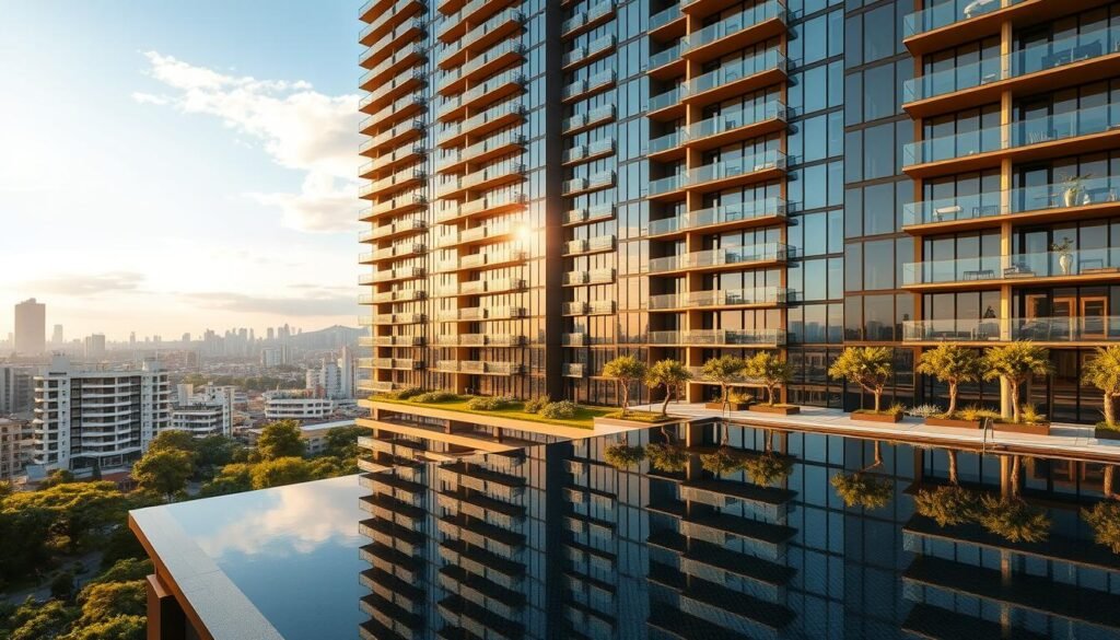 A modern high-rise condominium with sleek glass facade, set against a backdrop of lush greenery and a vibrant urban skyline. The building is bathed in warm, golden afternoon light, casting long shadows across the balconies and terraces. In the foreground, a serene reflection pool mirrors the architectural details, creating a sense of tranquility amidst the bustling city. The composition emphasizes the balance between urban living and natural elements, conveying the appeal of a premium condominium investment in Phnom Penh.