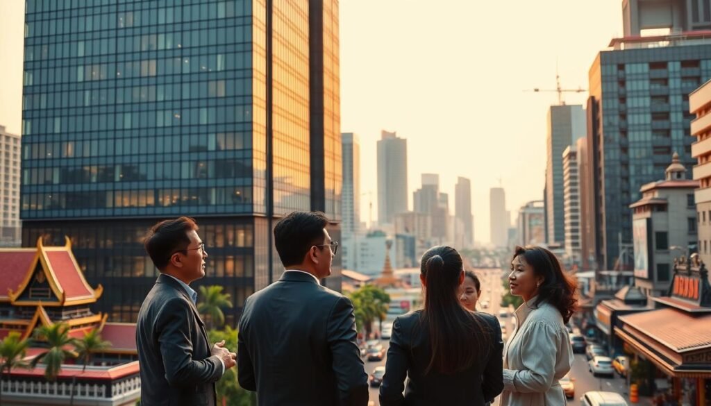A modern high-rise office building stands tall against a vibrant Cambodian cityscape, its sleek glass facade reflecting the bustling streets below. In the foreground, a group of business professionals engages in animated discussions, their attentive expressions and professional attire conveying the dynamic nature of Cambodia's real estate industry. The background is filled with a blend of traditional Khmer architecture and modern skyscrapers, symbolizing the country's ongoing transformation. Warm, diffused lighting casts a subtle glow, creating a sense of optimism and progress. The scene captures the essence of Cambodia's evolving real estate landscape, where new legal and regulatory changes are shaping the future of this thriving market.