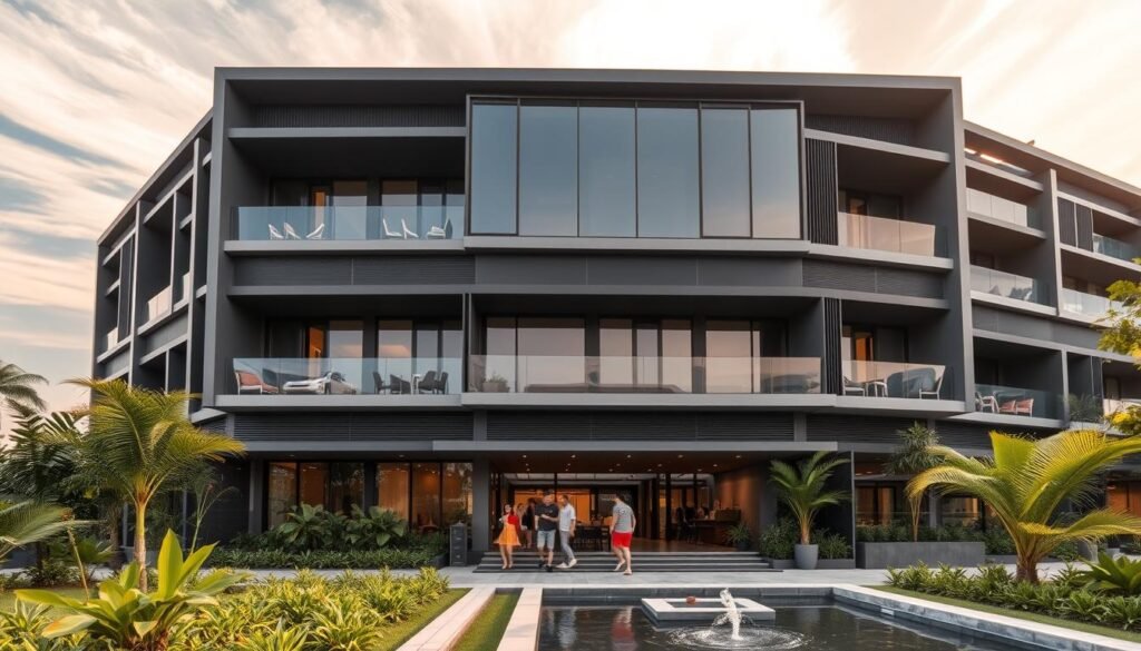 A modern multi-story co-owned apartment building in the heart of Phnom Penh, Cambodia. The sleek facade features floor-to-ceiling windows, clean lines, and a mix of glass, concrete, and metal accents. In the foreground, a well-manicured garden with tropical plants and a tranquil water feature. People can be seen moving through the building's entrance, conveying a sense of lively activity. The sky is filled with wispy clouds, and the lighting is soft and warm, creating a welcoming atmosphere. The scene captures the allure of co-owned properties in Cambodia - a blend of contemporary design, amenities, and the vibrant cultural setting.