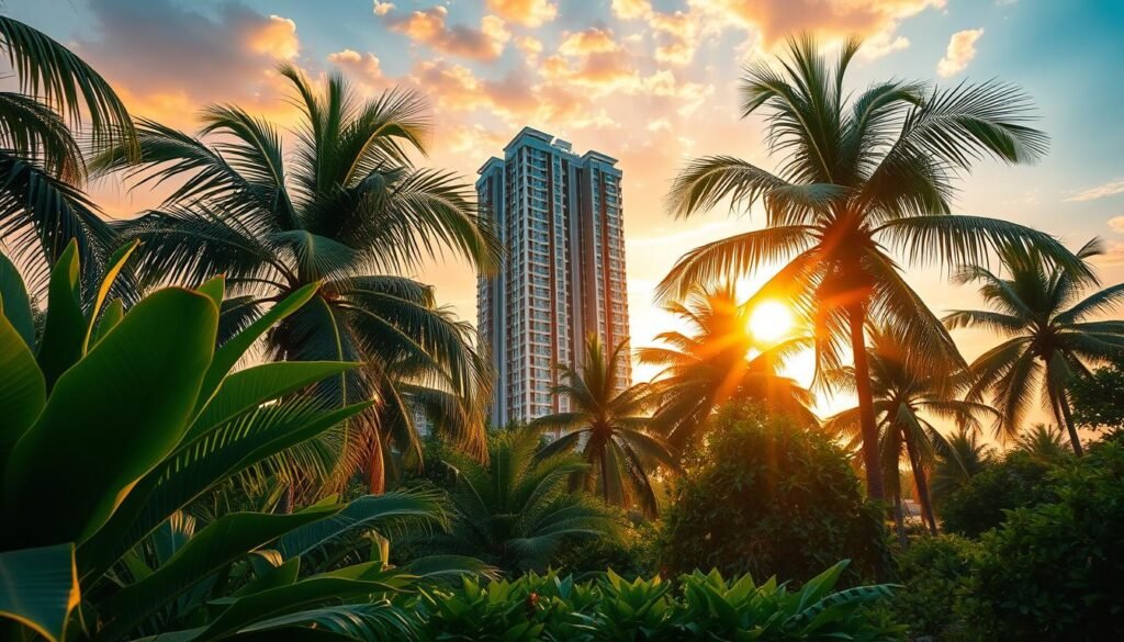 A serene Cambodian landscape with lush tropical foliage in the foreground, a glistening high-rise building emerging in the middle ground, and a vibrant sunset sky in the background. The building's architecture seamlessly blends modern elegance with traditional Khmer influences, casting warm, golden hues across the scene. Sunlight filters through the swaying palm trees, creating a sense of tranquility and potential prosperity. The image conveys the rewards of investing in off-plan property development in Cambodia - a promising opportunity for growth and financial security amidst a picturesque, culturally-rich environment.