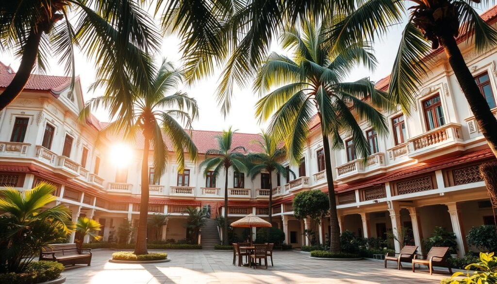 A serene co-owned apartment complex in the heart of Phnom Penh, Cambodia. The elegant, low-rise buildings feature a harmonious blend of traditional Khmer and modern architectural elements, with ornate facades and neatly manicured gardens. Warm, diffused sunlight filters through the lush palm trees, casting gentle shadows across the terracotta-tiled roofs. In the foreground, a well-maintained shared courtyard invites residents to gather and socialize. The overall atmosphere exudes a sense of community, tranquility, and shared ownership, hinting at the potential benefits and risks that come with co-owned properties in this rapidly developing Southeast Asian nation.