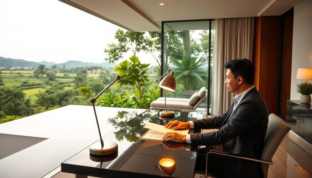 A sleek and modern Cambodian villa with a lush, verdant backdrop. In the foreground, a well-dressed individual sits at a stylish desk, meticulously reviewing mortgage documents under the warm glow of a desk lamp. Tasteful decor and clean lines create an atmosphere of financial sophistication, while large windows offer a breathtaking view of the Cambodian countryside. The image conveys an air of tranquility and success, reflecting the financial stability and favorable loan terms one can secure when purchasing property in this vibrant country.