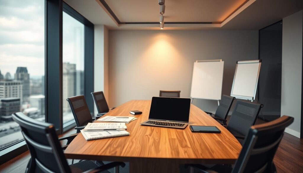 A sleek, modern office interior with large windows overlooking a cityscape. A wooden conference table is surrounded by ergonomic chairs, and a whiteboard stands in the corner. On the table, various documents, a laptop, and a tablet are neatly arranged, representing the essential due diligence steps for property buying. Warm, indirect lighting creates a professional and focused atmosphere, while a subtle depth of field blurs the background, keeping the attention on the task at hand. The room exudes an air of precision, attention to detail, and a commitment to thorough research and analysis before making a significant real estate investment.