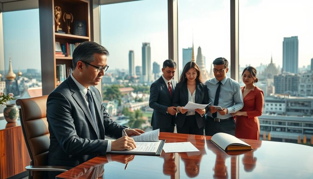 A sleek, modern office interior with large windows overlooking the bustling streets of Phnom Penh. In the foreground, a foreign businessman in a tailored suit sits at a polished wooden desk, studying legal documents and financial statements. Behind him, a shelf displays various books and awards, hinting at his expertise. The middle ground features a team of local Cambodian associates collaborating on a property investment project, their faces conveying a sense of cooperation and trust. In the background, the city skyline is visible, its towering skyscrapers and pagodas symbolizing the blend of old and new that characterizes Cambodia's rapidly evolving real estate landscape.
