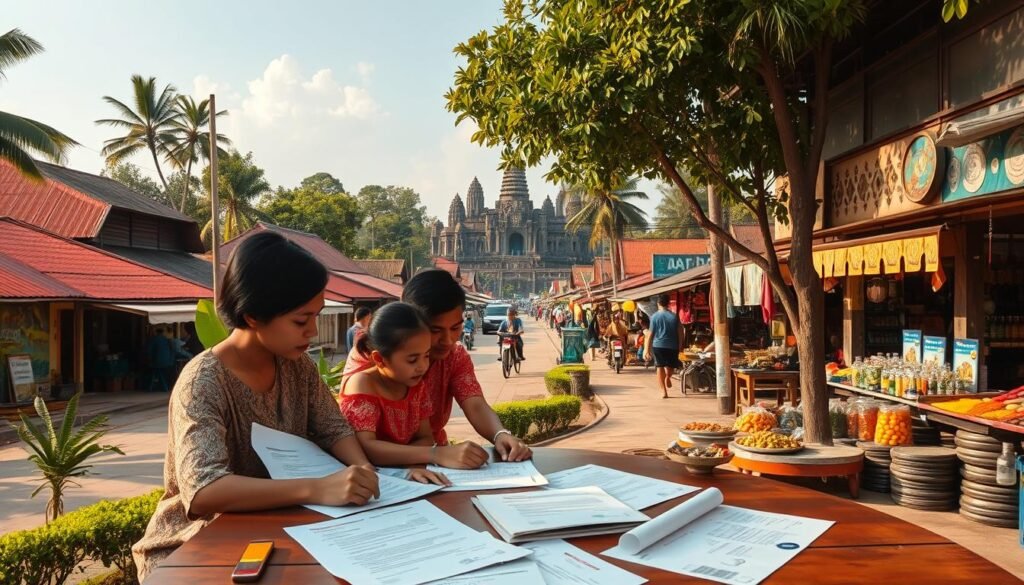 A sprawling Cambodian neighborhood, sun-dappled streets lined with lush greenery and traditional Khmer architecture. In the foreground, a family gathers around a wooden table, meticulously reviewing land deeds and property documents. The middle ground reveals a bustling local market, vendors selling spices and crafts against a backdrop of vibrant murals. In the distance, the silhouette of the iconic Angkor Wat temple complex rises majestically, a symbol of Cambodia's rich cultural heritage. The scene is bathed in warm, golden light, conveying a sense of prosperity and the pursuit of property ownership.