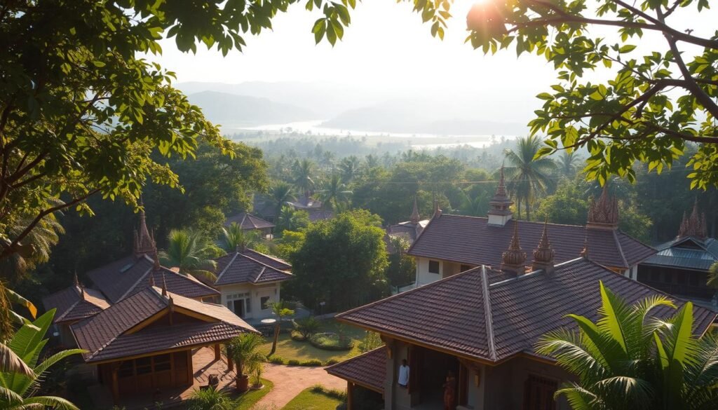 A sprawling Cambodian village nestled in lush tropical foliage, with a central compound featuring traditional Khmer architecture and ornate detailing. Sunlight filters through the canopy, casting a warm, golden glow over the scene. In the foreground, a group of locals gather around a modest office building, discussing legal matters. The middle ground showcases a mix of residential and commercial structures, their roofs adorned with intricate tile patterns. In the background, the distant hills are shrouded in a hazy blue mist, creating a sense of tranquility and timelessness. The overall atmosphere conveys the legal framework and options surrounding nominee structures in Cambodia.