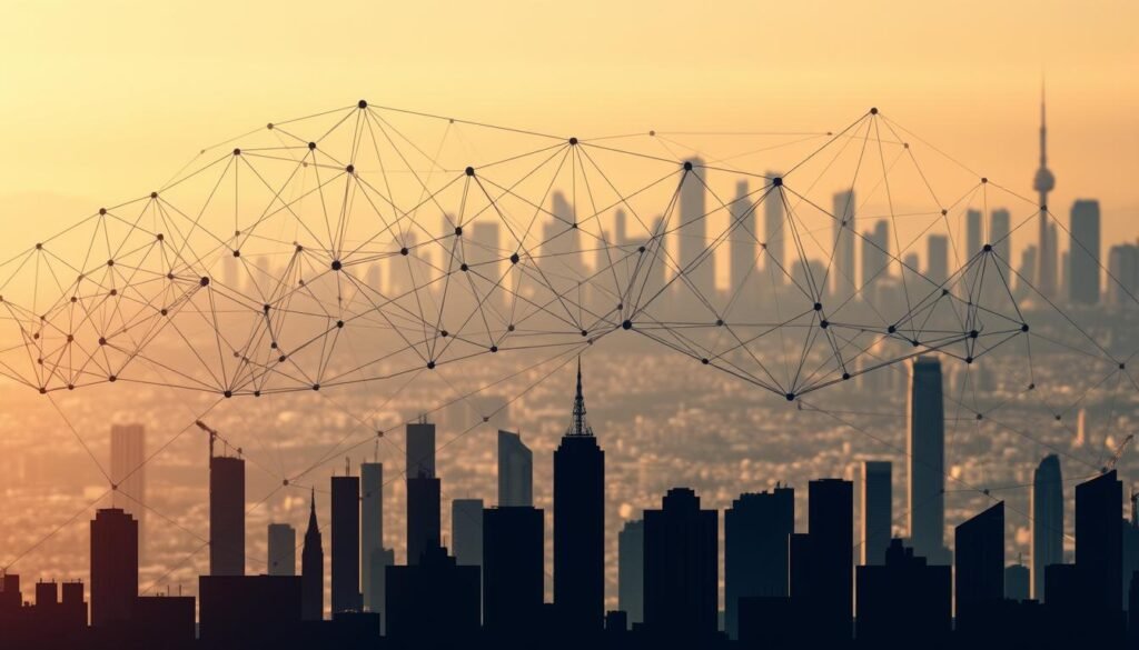 A striking architectural diagram depicting the legal structures and frameworks governing foreign property investment. In the foreground, an intricate network of interconnected geometric shapes and lines, representing the complex legal and regulatory environment. The middle ground showcases silhouettes of various property types, from residential to commercial, to illustrate the scope of foreign investment opportunities. In the background, a hazy cityscape with skyscrapers and landmarks, conveying the global context of this legal landscape. The scene is illuminated by a warm, diffused lighting, creating a sense of authority and professionalism. The overall composition balances technical precision with a touch of elegance, reflecting the sophistication of the legal structures involved in foreign property investment.