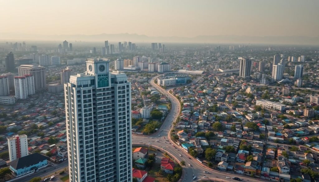 A sweeping aerial view of a bustling Cambodian city, its skyline punctuated by a patchwork of high-rises and low-slung residential blocks. In the foreground, a modern, multi-story building stands prominently, its facade adorned with intricate architectural details that hint at its strata title status. The middle ground reveals a network of winding streets, bustling with local life, while the background is dominated by distant, hazy mountains, providing a serene natural backdrop. The scene is bathed in warm, golden light, conveying a sense of prosperity and stability. The overall composition evokes a harmonious blend of urban development and traditional Cambodian influences, capturing the essence of property ownership in this dynamic Southeast Asian nation.