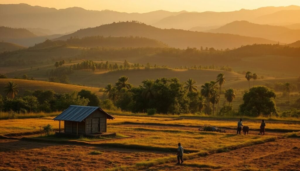 A tranquil Cambodian landscape at golden hour, with rolling hills and lush vegetation in the background. In the foreground, a modest rural dwelling stands amidst a small plot of land, its thatched roof and simple architecture reflecting the local architecture. Nearby, a group of locals engage in light agricultural activities, their traditional attire and tools conveying a sense of the country's cultural heritage. The scene is bathed in warm, soft lighting, creating a serene and contemplative atmosphere that invites the viewer to ponder the complexities of foreign land ownership in this vibrant Southeast Asian nation.