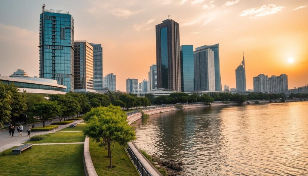 A tranquil riverside scene along the Tonle Bassac in Phnom Penh, Cambodia. In the foreground, lush greenery lines the promenade, with people strolling, jogging, or relaxing on benches. The middle ground features modern high-rise buildings and sleek skyscrapers, their glass facades reflecting the shimmering waters of the river. In the background, the sky is painted with warm hues as the sun sets, casting a golden glow over the entire scene. The image is captured with a wide-angle lens, showcasing the harmonious blend of urban development and natural beauty that defines this vibrant neighborhood. The overall mood is one of serene modernity, inviting the viewer to imagine living in this picturesque riverside setting.