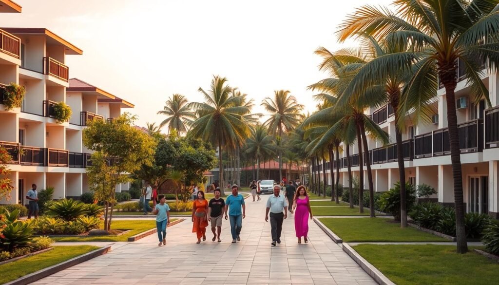 A tranquil scene of affordable housing units in a lush, tropical Cambodian neighborhood. The foreground features well-designed, multi-story apartment buildings with balconies and ample greenery. In the middle ground, diverse residents stroll along neatly paved walkways, conveying a sense of community. The background showcases a backdrop of palm trees swaying gently, under a warm, golden-hued sky. The lighting is soft and natural, creating a welcoming, serene atmosphere. The camera angle is slightly elevated, providing a comprehensive view of the harmonious living environment. Overall, the image conveys the accessibility and appeal of affordable housing options in Cambodia.