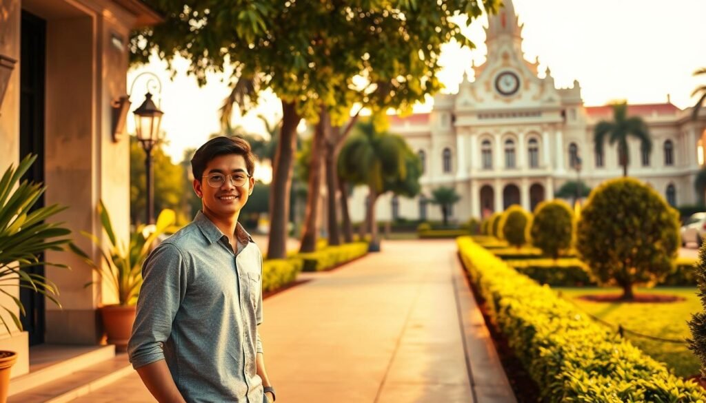 A tranquil scene set in the heart of Phnom Penh, Cambodia. In the foreground, a young couple stands outside a government building, their faces lit by the warm, golden sunlight. They appear relieved and hopeful, having just navigated the process of obtaining a registration tax exemption for their first home purchase. The middle ground features a well-maintained sidewalk, lined with lush tropical plants and neatly trimmed hedges. In the background, the elegant French colonial-style architecture of the city hall stands tall, a symbol of Cambodia's rich history and progress. The overall atmosphere conveys a sense of accomplishment, as the couple overcomes the common challenges faced by UK buyers in this vibrant Southeast Asian nation.