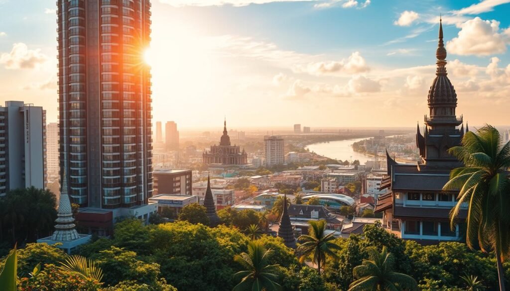 A vibrant Cambodian cityscape, bathed in warm, golden light. In the foreground, a towering, modern high-rise with sleek, glass facades dominates the skyline. In the middle ground, lush, tropical greenery frames the scene, punctuated by the spires of ancient Buddhist temples. In the distance, the Mekong River winds its way through the bustling city, reflecting the vibrant energy of the urban landscape. The overall atmosphere conveys a sense of progress and prosperity, hinting at the opportunities presented by long-term leases in this dynamic, rapidly-developing country.