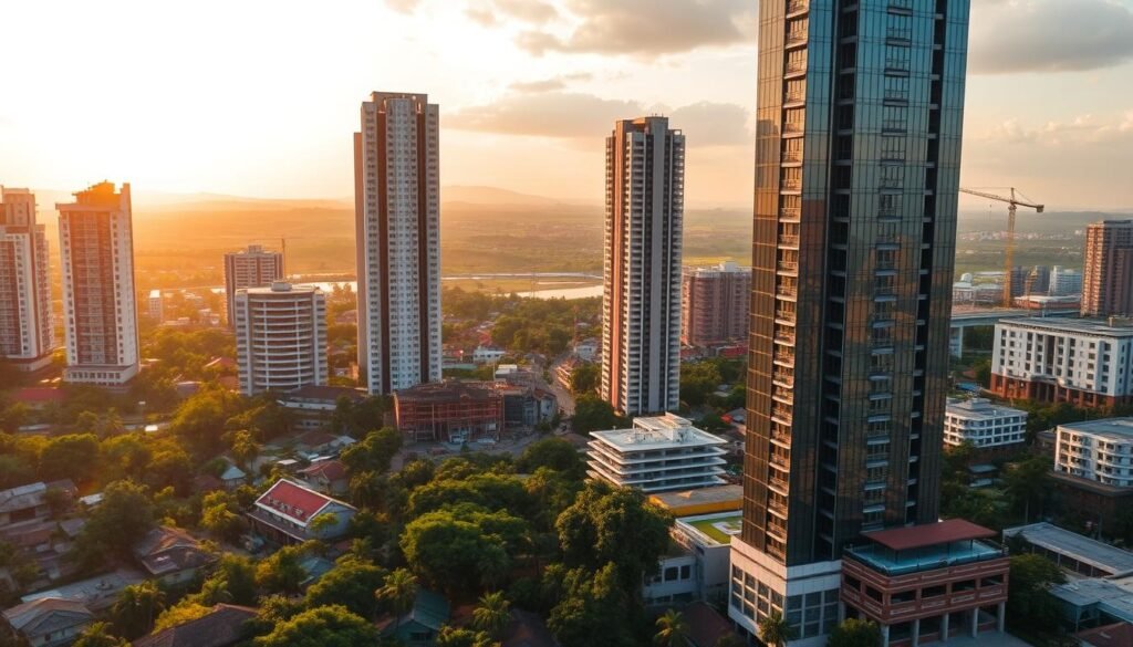 A vibrant cityscape showcasing the rapid growth of the Cambodian property market. In the foreground, modern high-rise buildings stand tall, their sleek glass facades reflecting the warm, golden light of the setting sun. In the middle ground, bustling construction sites with cranes and workers suggest ongoing development. The background features a lush, rolling landscape dotted with traditional Khmer-style homes, providing a contrast to the contemporary architecture. The scene conveys a sense of dynamism and progress, capturing the transformative energy of the Cambodian real estate landscape. Captured through a wide-angle lens, the image offers a comprehensive view of the market's expanding horizons.