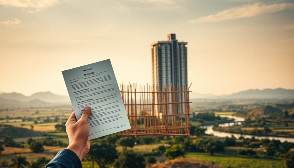 Vivid landscape showcasing the complexities of foreign property ownership in Cambodia. In the foreground, a pair of hands holding a legal document, symbolizing the restrictions and bureaucratic hurdles. In the middle ground, a modern high-rise building partially obscured by a bamboo fence, representing the limited property rights for foreigners. The background features a scenic Cambodian countryside, rolling hills, and a tranquil river, creating a juxtaposition between the natural beauty and the man-made barriers to ownership. Soft, diffused lighting casts a pensive mood, with warm tones and shadows accentuating the sense of uncertainty and caution. The overall composition conveys the challenges and limitations faced by foreigners navigating the nuanced property landscape in Cambodia.