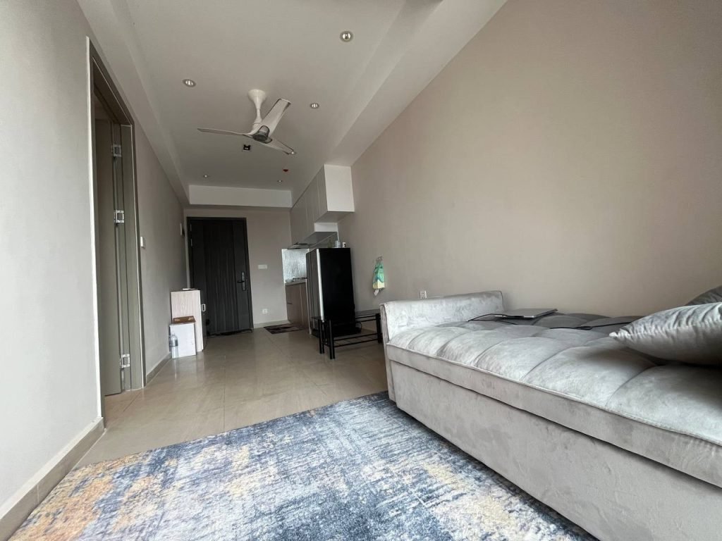 A modern, minimalistic living space with a gray sofa, a blue patterned rug, light beige walls, and an open kitchen area featuring a black refrigerator and cabinets. Ceiling fan and spotlights are visible.