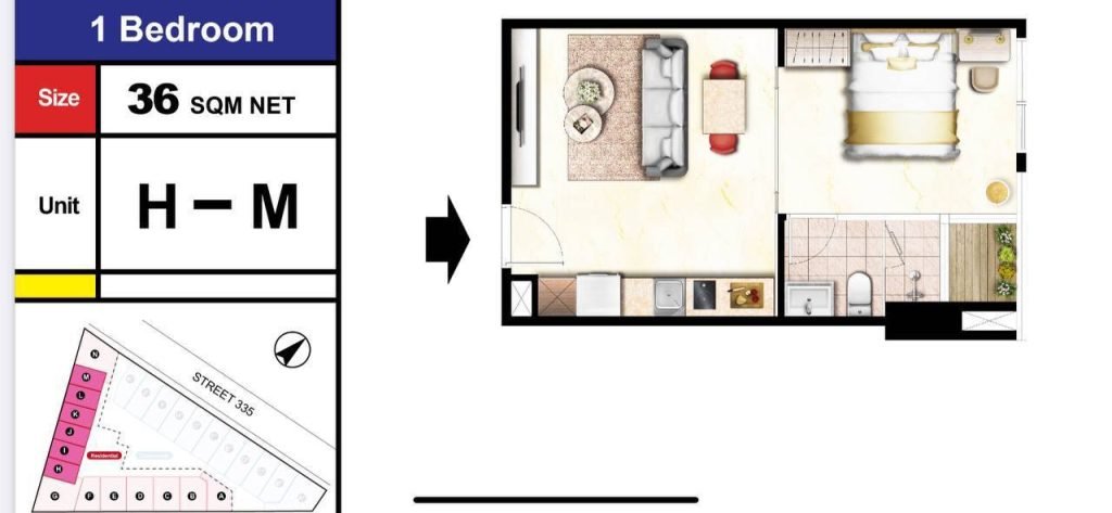 Floor plan for a 1-bedroom apartment, 36 square meters, unit H-M. The layout shows a living area, bedroom, kitchen, and bathroom. A map highlights the unit’s location in a building along Street 336.
